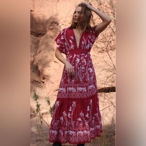 Perle Mer Red Boho Bird Print Maxi Butterfly Dress Deep V Neck XS S